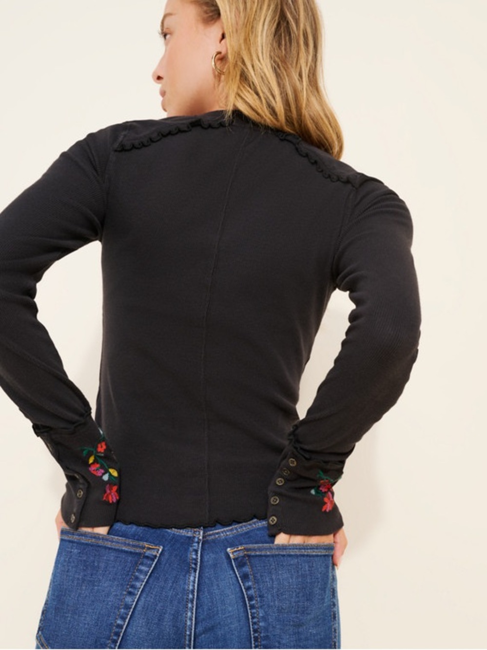 Free People Black Long-Sleeve Henley with Colorful Floral Embroidery - Picture 2 of 4